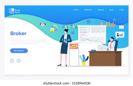 Manager banking, broker character, finance or contract technology. Buyer deal, professional agent, sold board, mortgage or investment online vector. Webpage with links, app slider flat style template