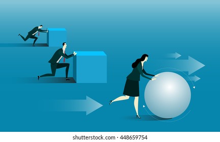 Manager be rolling a ball or attempt an uphill task. Business success concept conquering adversity overcoming leadership challenge aspiration ambition motivation, vector illustration flat style.