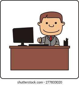 Manager behind desk holds out his hand, isolated on white background