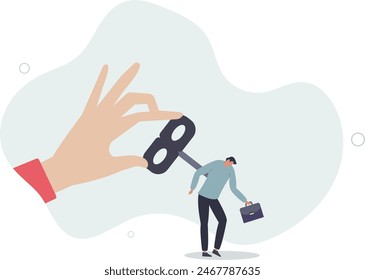 manager big hand turn wind up key or winder clockwork to motivate businessman office worker.flat vector illustration.