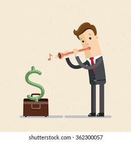 Manager or bisnessman. A man in a suit or businessman plays a flute like a tamer of wild-animal. Illustration, vector, EPS 10.
