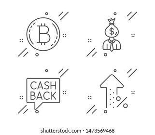 Manager, Bitcoin and Money transfer line icons set. Increasing percent sign. Work profit, Cryptocurrency coin, Cashback message. Discount. Finance set. Line manager outline icon. Vector