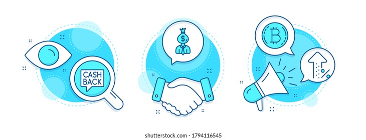 Manager, Bitcoin and Money transfer line icons set. Handshake deal, research and promotion complex icons. Increasing percent sign. Work profit, Cryptocurrency coin, Cashback message. Discount. Vector