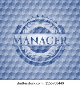 Manager blue badge with geometric background.