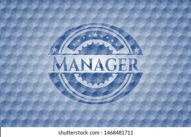Manager blue badge with geometric background. Vector Illustration. Detailed.