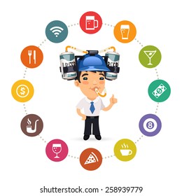 Manager with Blue Beer Helmet on His Head and Pub Icons Set. Isolated on White Background.