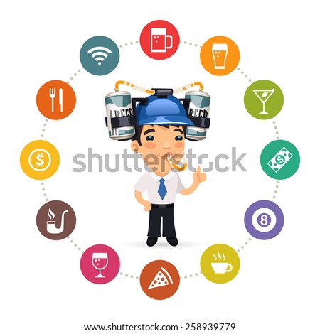 Manager with Blue Beer Helmet on His Head and Pub Icons Set. Isolated on White Background.