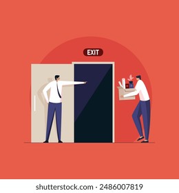 Manager boss showing exit door to employee, fired from job concept