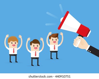 manager or boss using megaphone loudspeaker announce good news with colleagues business people