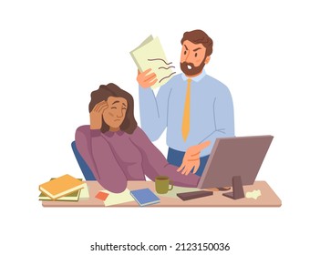 Manager or boss yelling at woman at work. Vector leader or colleague reprimanding and screaming at lady by computer. Conflict and quarrel at workplace, aggressive male behavior. Flat cartoon