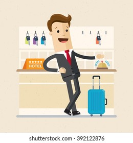 Manager or business man is checking-in or checking-out in hotel. Accommodation in hotel on business trip, vacation, travel. Illustration, vector EPS 10