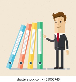 Manager or business man keep folders with documents from falling  like a domino. Vector, illustration, flat