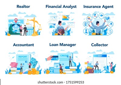 Manager oder Business-Beruf-Set. Finanzoperation mit Unternehmenscharakter. Realtor, Finanzanalyst, Versicherungsvertreter, Buchhalter, Darlehensverwalter, Sammler. Vektorgrafik