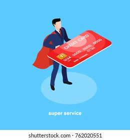 manager in a business suit and in a cloak of a super hero with a credit card in his hands, reliable banking services