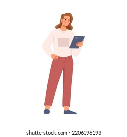 Manager or business woman controlling the project. Isolated female character checking the info from notebook. Boss or director. Vector in flat cartoon style