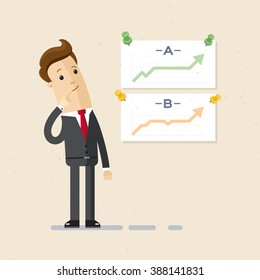 Manager or businessman analyzes charts, a report of work, trend in a market. Business plan, strategy. Illustration, vector EPS 10