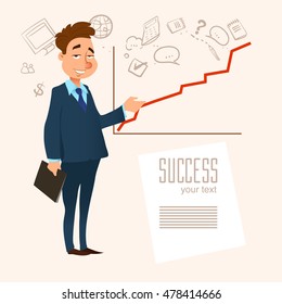 manager, businessman analyzes charts, a report of work, trend in a market, business plan, strategy, happy, success, graphics, vector illustration 