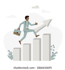 Manager, businessman or company executive running on bar graph and up arrow. Flat design vector concept for growing business, investment, risk, career, success.