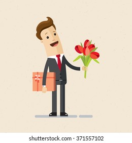 Manager or businessman with flowers and gift. Happy birthday, Valentine's Day. Flat isolated vector illustration