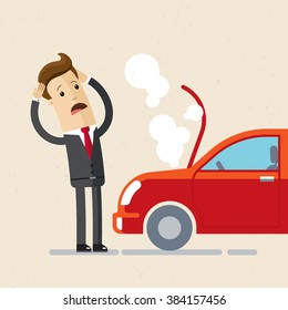 A manager or businessman have a force Majeure, a car broke down. Illustration, vector EPS 10