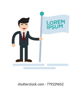 Manager or businessman holding a white flag in his hand. Flat character isolated on background. Lorem ipsum. Vector illustration.
