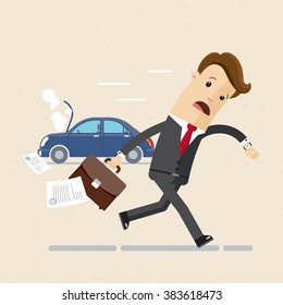 A Manager Or Businessman Is Late, Hurry, Running. Car Broke Down. Illustration, Vector EPS 10