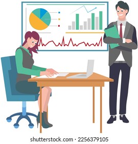 Gerente de negocios liderando la presentación durante la reunión en el cargo, trabajadores hablando y revisando indicadores en computadoras, comunicando gente de negocios. Grupo de empleados de trabajo analiza estadísticas