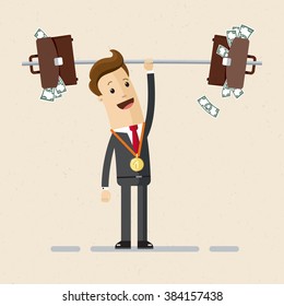 The manager or businessman raises a bar-bell with  briefcases full of money. Illustration, vector EPS 10