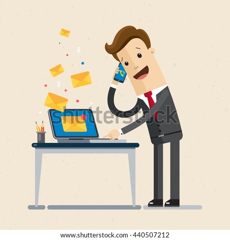 Manager or businessman  receives many emails and calls. Working day, business. Vector, flat, illustration