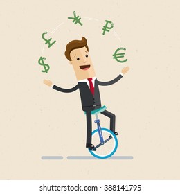 Manager or businessman rides a monocycle and juggles with signs of currencies. Icons of dollar, euro, ruble, yen, pound. Illustration, vector EPS 10