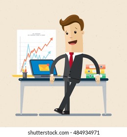 Manager or businessman stand near table in a office workplace. Vector, illustration, flat