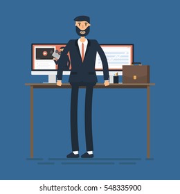 Manager or businessman stand near table in a office workplace. Vector, illustration, flat