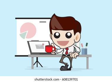 Manager or businessman stand near table in a office workplace. Vector, illustration, flat