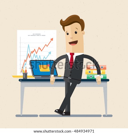 Manager or businessman stand near table in a office workplace. Vector, illustration, flat