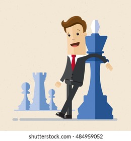 Manager or businessman stands leaning on a chess piece.  Business fighting, strategy, competition, Leadership, concept. Vector, illustration, flat