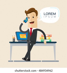 Manager or businessman talking on a cellphone in a office workplace. Vector, lorem ipsum, illustration, flat