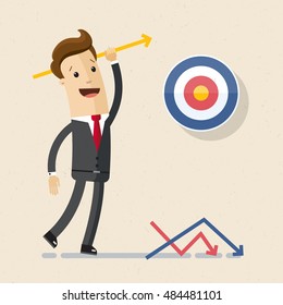Manager or businessman throws arrows at a target. Vector, illustration, flat