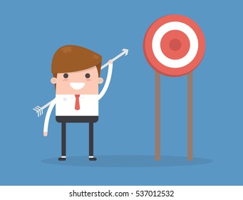 Manager or businessman throws arrows at a target. Vector, illustration, flat