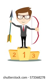 Manager or businessman throws arrows at a target. man winner on the podium. Vector, illustration, flat
