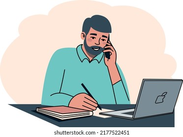 Manager calling to client in his office and noting. Vector flat modern minimalist illustration