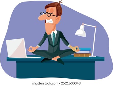 
Manager Calming with Yoga in his Office Vector Cartoon. Angry businessman trying to find his inner peace at the workplace
