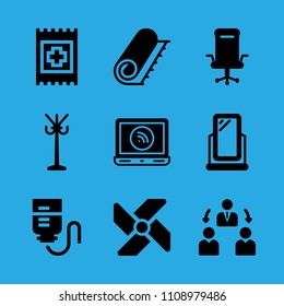 manager, carpet, mirror, laptop, windmill, drop counter, desk chair, rack and band aid vector icon. Simple icons set