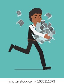 The manager carries a bunch of papers.