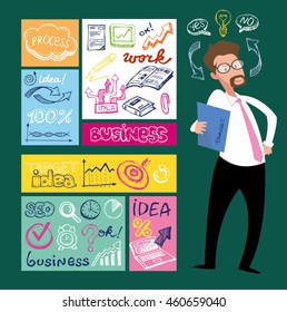 Manager cartoon character. Concept of teamwork analyzing project on business meeting.  Success, idea, growing, international business and strategy vector illustration. 