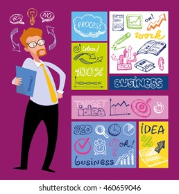 Manager cartoon character. Concept of teamwork analyzing project on business meeting.  Success, idea, growing, international business and strategy vector illustration. 