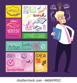 Manager cartoon character. Concept of teamwork analyzing project on business meeting.  Success, idea, growing, international business and strategy vector illustration. 