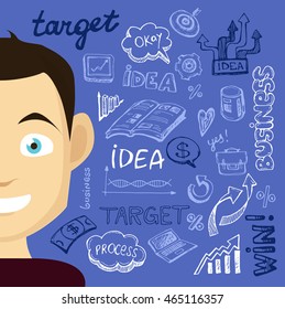 Manager cartoon character. Concept of teamwork analyzing project on business meeting. Success, idea, growing, international business and strategy vector illustration. 