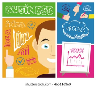 Manager cartoon character. Concept of teamwork analyzing project on business meeting. Success, idea, growing, international business and strategy vector illustration. 