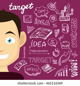 Manager cartoon character. Concept of teamwork analyzing project on business meeting. Success, idea, growing, international business and strategy vector illustration. 