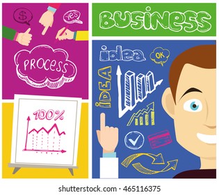 Manager cartoon character. Concept of teamwork analyzing project on business meeting. Success, idea, growing, international business and strategy vector illustration. 